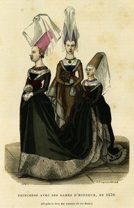 Prinsessa med sina hedersdamer, omkring 1470. Färggravyr efter boken om kung Renés turneringar, i "France et les francais a travers les siecles" av Augustin Challamel, F.Roy editor, Paris 1882. Selva-samlingen. av French School