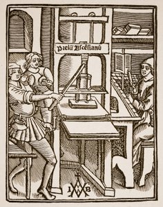 Tryckpress, Hegesippus titelsida, tryckt av Jodocus Badius Ascensius, Paris, 1511 (sepiafoto) av French School