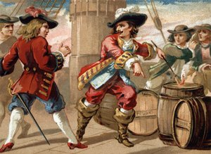 Kaparen Jean Bart (1650-1702) hotade en engelsk kapare som tog honom till fånga genom att hota honom att spränga hans skepp genom att sätta eld på en tunna med krut. Kromolitografi från slutet av 1800-talet av French School
