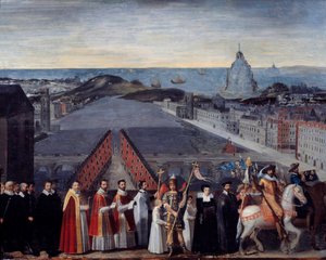 Procession av den parisiska sylten av pelerinerna från Saint Michel du Mont sur le Pont Neuf Anonym målning. 1600-talet. Dim 0,80 x 1,05 m Paris, Musee Carnavalet av French School