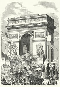 Procession som passerar framför den franska provisoriska regeringen vid Triumfbågen, Paris av French School