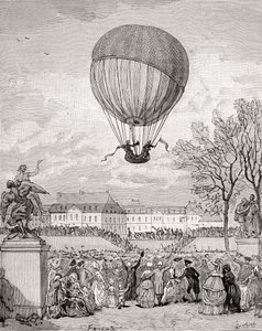Professor Jacques Charles och Nicolas-Louis Robert flyger världens första bemannade väteballong den 1 december 1783 i Tuilleries Gardens, Paris, från 
