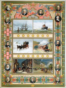Framsteg under drottning Victorias regeringstid (1819-1901). Segelfartyg, ångfartyg, ångtåg och gas och elektrisk gatubelysning, 1887 av French School