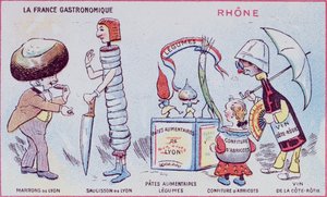 Reklam- och utbildningskort för barn av matspecialiteter i Rhone-regionen, ca 1900 av French School