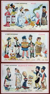 Reklam- och utbildningskort för barn som visar matspecialiteter från Lorraine-regionen, ca 1910 av French School