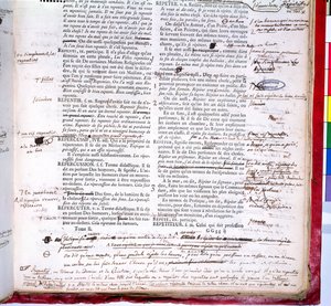Korrektursida med korrigeringar av en upplaga av Franska Akademiens ordbok (bläck på papper) (detalj av 179941) av French School