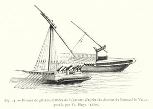 Förstänger av galärer, arméer av sporren; efter teckningarna av Breugel le Vieux, graverade av p. Huys av French School