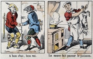 Ordspråk i bilder av Epinal: "" En bra katt, bra råtta"" och "" Såsen passerar fisken"" - bild av Epinal, n.d. av French School