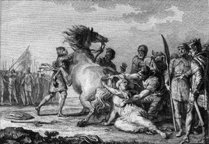 Brunehauts straff, 613: Brunehaut eller Brunehilde (543-613), drottning av Austrasien, fästs vid svansen på en okuvlig häst innan den släpas till marken. Gravyr av 1700-talet. av French School
