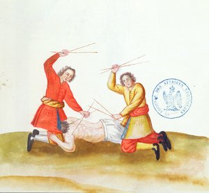 Punishment with Sticks, från Voyage en Russie, 1731 (penna & bläck och wc på papper) av French School