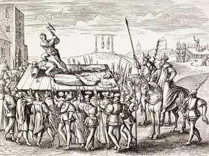 Bestraffningar som beslutats av kung Henrik VIII mot engelska katoliker, från "Militärt och religiöst liv under medeltiden" av Paul Lacroix, publicerad i London ca 1880 av French School