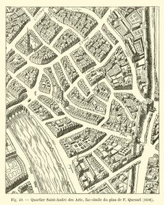 Saint-Andre des Arts-distriktet, faksimil av F Quesnels plan, 1608 av French School