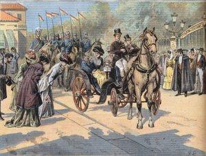 Drottning Marie Christine de Teschen (1858-1929) hälsar drottningarna av Paris Marches, från tidningen "Le Petit Parisien" " av French School
