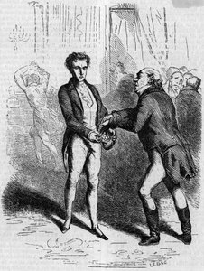 Rastignac yr låter den vithåriga mannen ta tio louis. Gravyr i mitten av 1800-talet. Illustration till "The Father Goriot" av Honore de Balzac (1799-1850). av French School