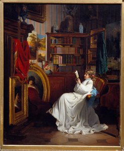 Läser en flicka som läser en bok på ett kontor. Målning av Franska skolan. 1800-talets privatsamling av French School