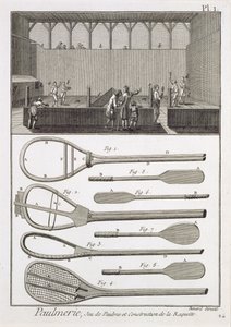 Riktig tennis och konstruktion av racketar, från Encyclopedia av Denis Diderot (1713-84), graverad av Robert Benard (f.1734), publicerad ca 1770 av French School