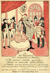 Återkallelse 1914 för Michelin-däcket. La Vie Parisienne granskad och kompletterad med Bibendum: "Jag kommer att vara din guide i den fantastiska världen, eftersom Michelin min far ger dig den vackraste bilturistorganisationen i världen". På väggen, en ram av French School