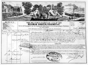 Kvitto utfärdat av Compagnie du Canal du Midi för transport av varor från Bordeaux till Beziers, 1857 (bw foto av gravyr) av French School