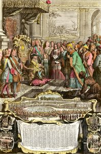 Ludvig XV:s mottagning av Mehemet Effendi, turkisk ambassadör för den store sultanen Achmet, i Tuilerierna den 21 mars 1721. Gravyr från 1700-talet. Privat samling. av French School