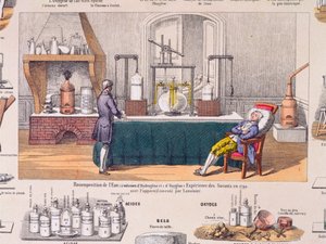 Omkomposition av vatten från väte och syre: Antoine Laurent de Lavoisier (1743-94) experimenterar med andningen av en vilande man, illustration från en utbildningsskylt, ca 1860 (färggravyr av French School