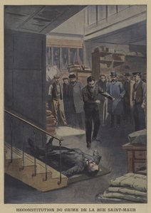 Rekonstruktion av ett mord i Rue Saint-Maur, Paris (färg litho) av French School