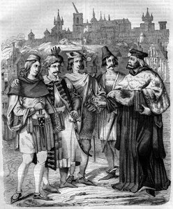Rektor och studenter från olika nationer vid universitetet i Prag på 1600-talet. Gravyr från 1852. av French School