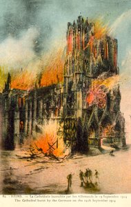 Reims, katedralen brändes av tyskarna den 19 september 1914 (färg litho) av French School