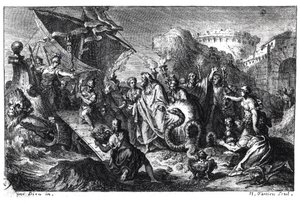Reinkarnation av Asclepios som en orm vid tiden för hans kults ankomst till Rom från Grekland 293 f.Kr. av French School