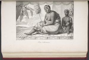 Reine Cahoumanou, Sandwichöarnas invånare, från Pittoreska resor runt om i världen, med porträtt av vildar från Amerika, Asien, Afrika och Stora Oceanens öar; landskap, havsutsikt och flera naturhistoriska föremål; av French School