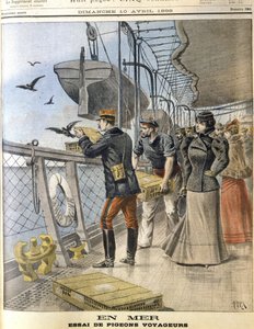 Frisläppande av fransk armé som målduvor ombord på det transatlantiska linjefartyget La Bretagne mellan Le Havre och New York av French School