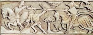 Relief som visar riddare som slåss, detalj från ett schackbräde av French School