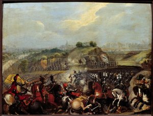 Religiösa krig: "" Henrik IV i slaget vid Ivry den 14/03/1590” Slaget vid Ivry den 14/03/1590 såg den kungliga arméns seger mot Katolska förbundet. Maximilian av Bethune, hertig av Sully, kungens minister, skadades där. Målning av Fren av French School