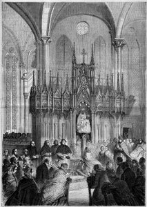 Religiös konst: staty av Notre Dame du Pillar eller "" Virgo Noire"" (cirka 1540) i katedralen i Chartres (Eure et Loire, 28) 1858. Gravyr i "" Le Monde Illustré"" nr 89 av 25 december 1858. av French School