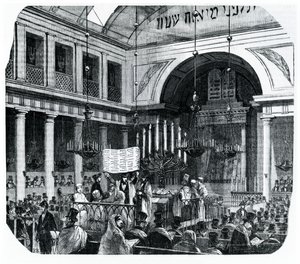 Religiös ceremoni vid den gamla Parissynagogan för Rosh Hashana, illustration från Le Tableau de Paris av Edmond Texier, publicerad i Paris, 1852 av French School