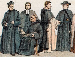 Religiösa dräkter: från g a d porträtt av en jesuit, en far Mariste (Marcellin Champagnat), en benediktinermunk, en dominikanmunk och en oblat - Gravyr - Religiösa dräkter: från vänster till höger, porträtt av en jesuit, en maristbror, en benediktin mån av French School