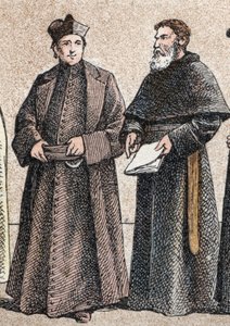 Religiösa dräkter: från g a d porträtt av en jesuit och en assumptionistbror (medlem av församlingen av Augustinianerna i Assumptionen) - Gravyr - Religiösa dräkter i antiken: från vänster till höger, porträtt av en jesuit och en Assum av French School