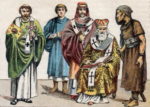 Religiösa dräkter i antiken: från g a d porträtt av en bysantinsk diakon, en kristen präst från det första århundradet, en eveque på 500-talet, en bysantinsk patriark och en anachorete - Gravyr - Religiösa dräkter i antiken: från vänster till r av French School