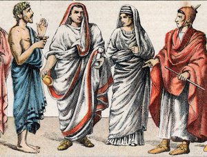 Religiösa dräkter i antiken: från ett porträtt av en grekisk präst, offerminister, en store påve i antikens Rom (Pontifex maximus), en vestal, en pretress från det antika Rom och en romersk präst för flamingo (flamen) som ägnas åt dyrkan av en Gud av French School