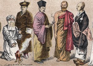 Asiens religiösa dräkter: från g a d porträtt av en präst Parsi (parsism eller anhängare av parsism), Lama (tibetansk andlig mästare), kinesisk buddhistpräst, Ceylon-bonze och japansk buddhistpräst - Gravyr - Religiösa dräkter i Asien: från vänster till ri av French School