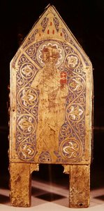 Relikvieskrin av St. Calminius, detalj av St. Paul med ett svärd och en bok, Limoges (koppar- och champlevemalj) av French School