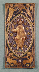 Relikviestavla föreställande Kristus med evangelisternas symboler (emaljerad koppar)