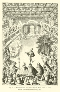 Framförande av en balett inför Henri III och hans hov, i Louvrens övre sal, 1582 av French School