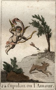 Representation av Amor, eller Amour, tjänare till Venus, som ett barn med ögonbindel, som drar en pil (Amor, kärlekens gud, som ett barn med ögonbindel, drar en pil). Från "Mythology of Youth" av Pierre Blanchard 1803. av French School