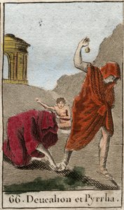 Representation av Deucalion och Pyrrha, de enda överlevande efter syndafloden orsakad av Zeus för att förstöra mänskligheten. Themis efter syndafloden ber dem att gå med huvudet täckt genom att kasta bakom sig deras mors ben (Jordens stenar) (Re av French School