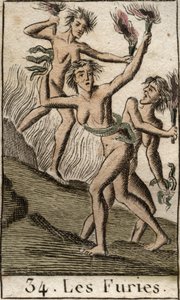 Representation av Furies, Tisphone, Megere och Alecton, förföljande gudomliga, som discharnees (Furierna, Tisphone, Megaera och Alecto, representerade som utmärglade kvinnor). Från "Mythology of Youth" av Pierre Blanchard 1803. av French School