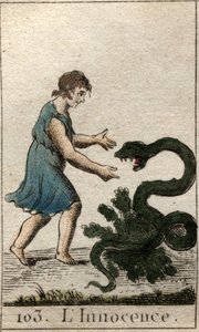 Representation of Innocence, som ett barn som matar en farlig orm. Från "Mythology of Youth" av Pierre Blanchard 1803. av French School