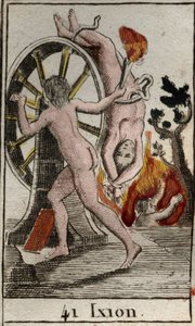 Representation av Ixion, straffad av gudarna, är han dömd att vara kedjad vid ett brinnande hjul som snurrar oändligt. (Ixion, straffad av gudarna, är bunden till ett bevingat eldhjul som alltid snurrar) Från "Mythologie de la jeunesse" av Pierre Blanchard av French School