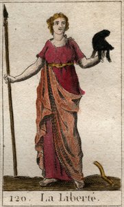 Representation av Liberte som en kvinna som håller en frygisk hatt och en spade. (Friheten som ung kvinna, med en frygisk hatt och en gädda). Från "Mythology of Youth" av Pierre Blanchard 1803. av French School