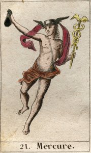 Representation av Merkurius, gud för handel, resor och budbärare för andra gudar. Han håller en caduceus och bär en petase (Mercurius, handelns gud och de andra gudarnas budbärare, han håller en caduceus och bär en petasos). Från "Mythology of Youth" av Pi av French School