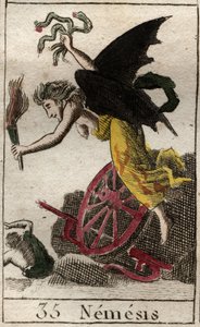 Representation av Nemesis, hämndens gudinna, representerad som en kvinna som håller i en fackla, och ormar, hjul och roder indikerar att de förföljde hennes offer till sjöss och på land. (Nemesis, hämndens gudinna, representerad som en bevingad kvinna, som av French School